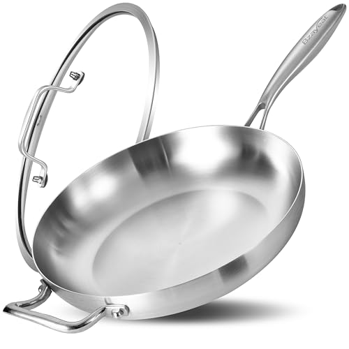 Bzayeat 13-Inch Tri-Ply Stainless Steel Frying Pan with Lid & Detachable Handle - Induction Compatible Skillet, Oven & Dishwasher Safe, Ideal for Frying, Sautéing & Simmering