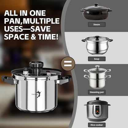 TIBORANG 8.5 QT Stainless Steel Pressure Cooker, [Multi-Cooker for Gas & Induction Stove] [Saves 70% Cooking Time] [One-Hand Operation], Family Size for 3-5 People, Olla de Presion