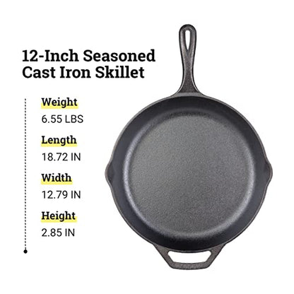 Lodge 12" Cast Iron Skillet - Chef Collection - Perfect Sear - Ergonomic Handles - Superior Heat Retention - Cast Iron Cookware & Skillet