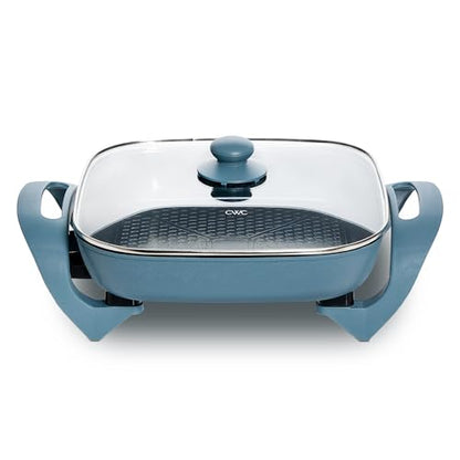 COOK WITH COLOR Electric Skillet - 12" x 12" Ceramic Nonstick Pan, PFAS-Free, 1400W, Tempered Glass Lid, Variable Temperature, Removable Heating Probe, Cool-Touch Handles, Slate Blue