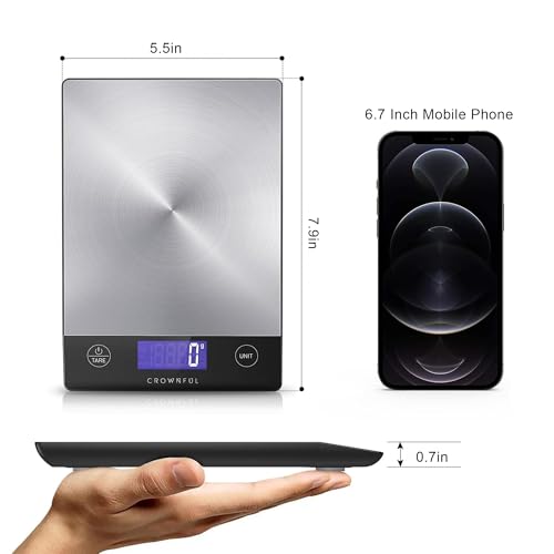CROWNFUL Food Scale, 33lb Rechargeable 304 Stainless Steel Digital Kitchen Scale Weight Grams and Ounces with LCD Display and Type-C Charging for Meal Prep, Baking and Cooking