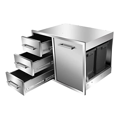 Outdoor Kitchen Drawer Combo, BBQ Access Trash Drawer Combo with Triple Stainless Steel Drawers(Left), Outdoor Kitchen for BBQ Island, Grilling Station, Outside Cabinet (28" W x 19.6“D x 20.1" H)