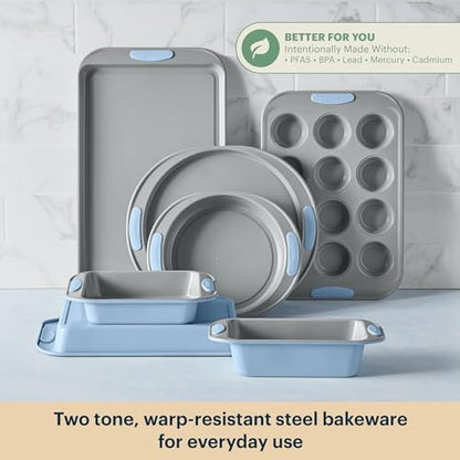 Pyrex 8-Piece Metal Bakeware Set, Lightweight Stainless Steel Baking Trays with Heatsafe Silicone Handles, Cookie & Muffin Sheets, Round/Square Baking Pans, Cerulean