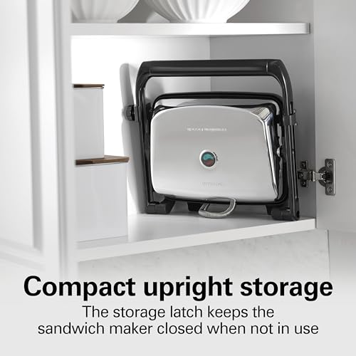 Hamilton Beach Panini Press Sandwich Maker & Electric Indoor Grill with Locking Lid, Opens Wide to Fit Any Thickness for Quesadillas, Burgers & More, Nonstick 8" x 10" Grids, Chrome (25460MNA)