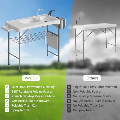 IWDOO 42.5" Fish Cleaning Table with Dual Sink, Portable Folding Camping Table with Faucet, Sprayer, Grid Rack, Hose Hook Up & Knife Groove, Outdoor Sink Station for Picnic Beach Patio