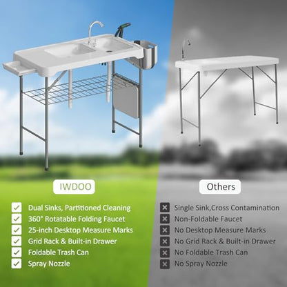 IWDOO 42.5" Fish Cleaning Table with Dual Sink, Portable Folding Camping Table with Faucet, Sprayer, Grid Rack, Hose Hook Up & Knife Groove, Outdoor Sink Station for Picnic Beach Patio