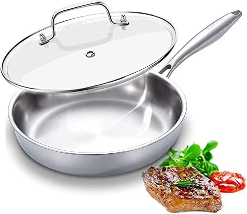 DELARLO Tri-Ply Stainless Steel Pan, 18/10 Frying Pan, Oven Safe Up to 600°F, Nontoxic Cookware, Compatible with All Cooktops Skillet, Durable, Fast Even Heat Fry Pan,9" Pan with Lid