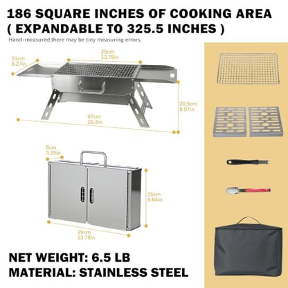 Zarkind Portable Tabletop Charcoal Grill, Foldable Stainless Steel Mini BBQ Grill with Carry Bag, Lightweight Small Camping Picnic Travel Tailgating Patio Grill