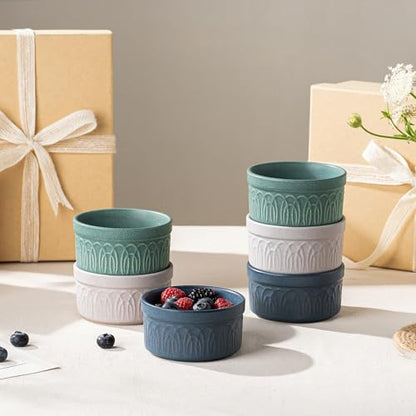 DAFUCERAMIC Ramekins 8 Oz Oven Safe, Ceramic Creme Brulee Souffle Dishes, Pudding Custard Cups Ramekin For Baking, Small Dipping Sauce Bowls, Set of 6, Microwave and Dishwasher Safe (Assorted Neutrals)