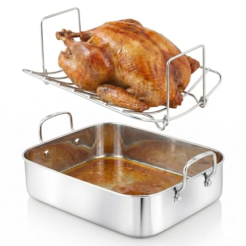 NutriChef Premium Stainless Steel Roasting Pan with Rack – Heavy‑Duty 14″ Turkey Roasting Pan for Turkey, Chicken & Meats (Wide Handles, Dishwasher Safe)