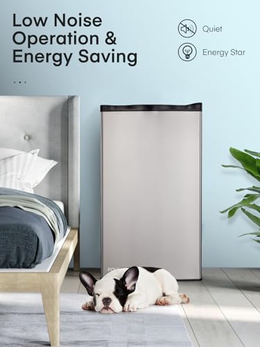 FOHERE 3.2 Cu. Ft Small Refrigerator with Freezer, Compact Mini Fridge with 7 Level Temperature Control, Removable Glass Shelves for Bedroom, Office, Dorm, Stainless Steel, BC-90U-E