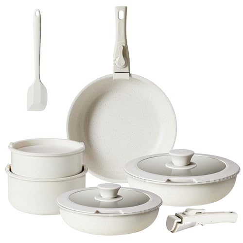 Sweetcrispy 12 pcs Pots and Pans Set, Nonstick Kitchen Induction Cookware Suit with Detachable Handle, Dishwasher Oven Safe, Milky White