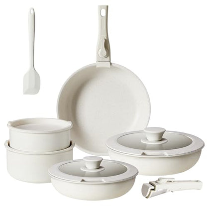 Sweetcrispy 12 pcs Pots and Pans Set, Nonstick Kitchen Induction Cookware Suit with Detachable Handle, Dishwasher Oven Safe, Milky White