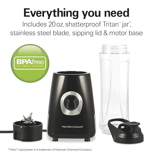 Hamilton Beach Go Sport Portable Blender For Smoothies With 20 Oz. Blend-In Personal Travel Jar, 600 Watt Motor And Stainless Steel Blades For Powerful Blending Performance, Black (51143G)
