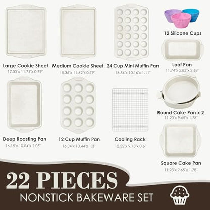 Baking Pans Set Nonstick, Stackable Bakeware Sets with Silicone Handles, AIVIKI 22 Pieces Oven Pan for Cooking Including Baking Cookie Sheet with Rack, Roast Pan, Cake Pan, Loaf Pan, Muffin Pan, Cream
