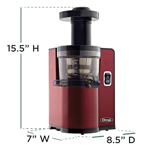Omega Juicer Cold Press Vertical 43 RPM Slow Masticating Compact Juice Extractor for Fruits and Vegetables Quiet Operation with 3 Stage Auger Automatic Pulp Ejection and No-Drip Tap, 150-Watts, Red