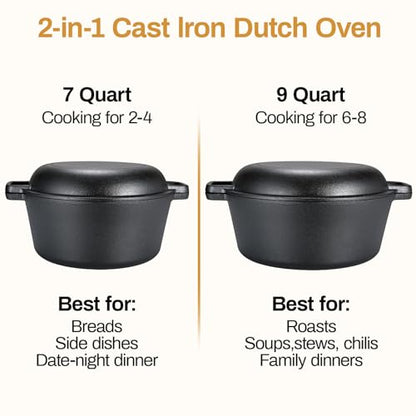 TLGREEN Cast Iron Dutch Oven Pot with Lid, Pot (6.7QT) and Lid as a Skillet(2.5QT) - Dutch Oven Cast Iron with Silicone Holders, Iron Stand, for Oven, Stove, Grill，Campfire