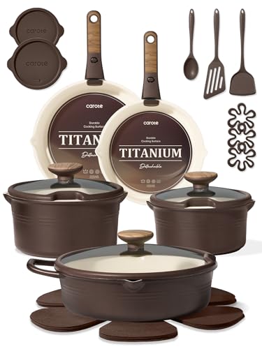 CAROTE 22Pcs Titanium Cookware Set, Pots and Pans Set Non Stick, Kitchen Cooking Set with Detachable Handle, Non Toxic Induction Cookware, Dishwasher/Oven Safe, Brown