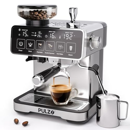 PULZO Espresso Machine with Grinder, 20 Bar Professional Coffee Machine, All-in-One Stainless Steel Coffee Maker with Milk Frother, to Make Latte, Cappuccino, 67oz Detachable Water Tank
