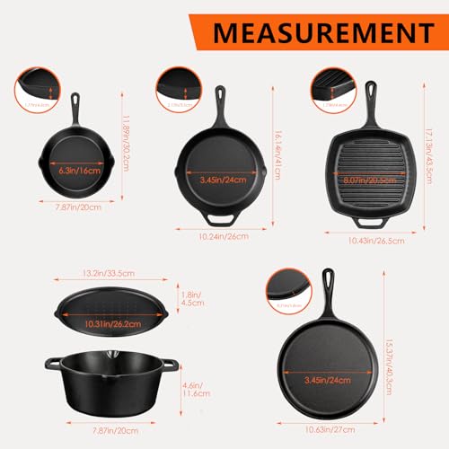 Asderote 6 Piece Pre-Seasoned Cast Iron Cookware Set – Incl. 5QT Dutch Oven with Lid, 8'' and 10.25'' Cast Iron Skillets, 10.5'' Round Griddle, and a Square Grill Pan for Kitchen, Stovetop, & Camping