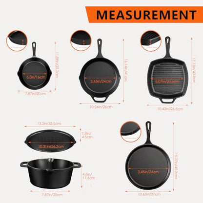 Asderote 6 Piece Pre-Seasoned Cast Iron Cookware Set – Incl. 5QT Dutch Oven with Lid, 8'' and 10.25'' Cast Iron Skillets, 10.5'' Round Griddle, and a Square Grill Pan for Kitchen, Stovetop, & Camping