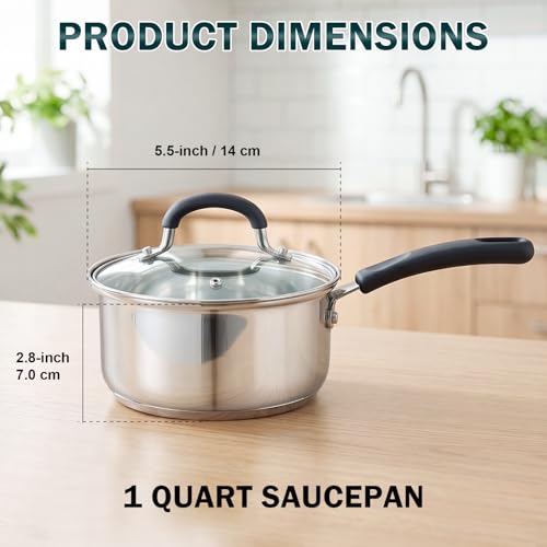Cook N Home Professional Stainless Steel Saucepan with Lid, Multipurpose Sauce Pan Kitchen Small Pot, Stay-Cool Silicone Handle, Dishwasher Safe, Compatible with Most Cooktops, 1-Quart