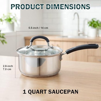 Cook N Home Professional Stainless Steel Saucepan with Lid, Multipurpose Sauce Pan Kitchen Small Pot, Stay-Cool Silicone Handle, Dishwasher Safe, Compatible with Most Cooktops, 1-Quart