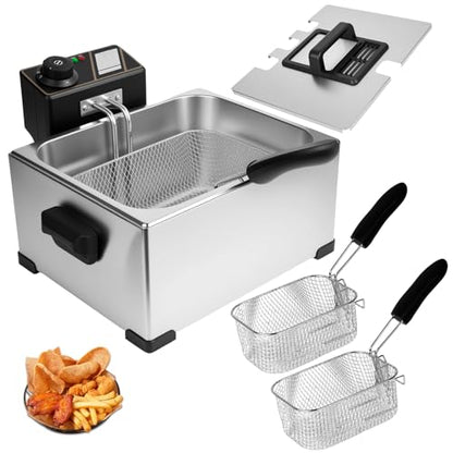 5 Liters Large Deep Fryer with Basket for Home Use, Electric Fryer with 3 Frying Baskets, Adjustable Temperature Control, Countertop Stainless Steel Deep Fryer with Basket for Home Use