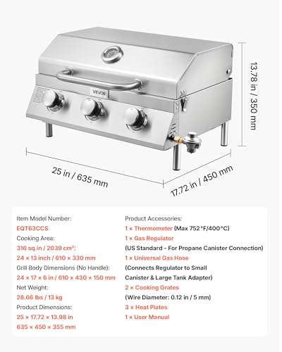 VEVOR Tabletop Gas Grill, 3-Burner Stainless Steel Portable Propane Grill, with Built-in Thermometer, Travel Locks, Weatherproof Lid, 22,500 BTU Total, for Outdoor Cooking, Patio, Party, Camping, RV
