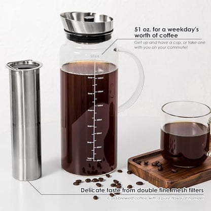 Aquach 51oz Cold Brew Coffee Maker, Borosilicate Glass Pitcher for Iced Tea