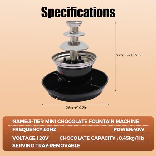 Chocolate Fondue Fountain, 3-Tier 1 lb Capacity Electric Chocolate Fondue Fountain Machine Stainless Steel Cheese Melting Heating Machine with Fruit Plate for Birthday Party Wedding Celebration