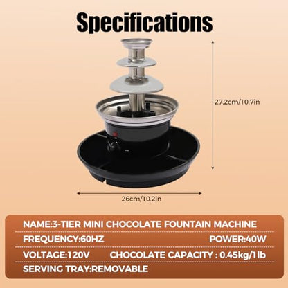 Chocolate Fondue Fountain, 3-Tier 1 lb Capacity Electric Chocolate Fondue Fountain Machine Stainless Steel Cheese Melting Heating Machine with Fruit Plate for Birthday Party Wedding Celebration