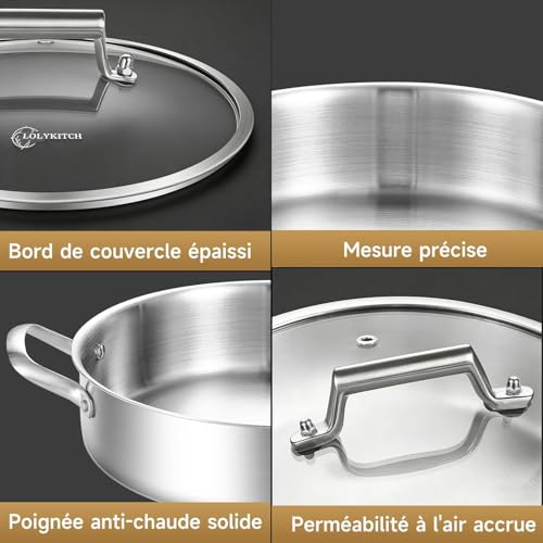 LOLYKITCH 8 Quart Stainless Steel Sauté Pan with Lid, Extra Large Deep Skillet, 13 Inch Triply Braiser Pot with Double Handles, Induction Jumbo Cooker for Family Meals, Oven Safe, 6-12 Servings