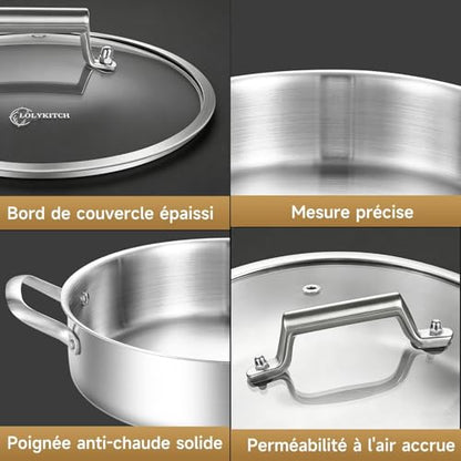 LOLYKITCH 8 Quart Stainless Steel Sauté Pan with Lid, Extra Large Deep Skillet, 13 Inch Triply Braiser Pot with Double Handles, Induction Jumbo Cooker for Family Meals, Oven Safe, 6-12 Servings