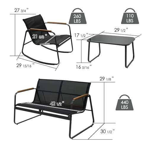 Kozyard 4-Piece Outdoor Patio Furniture Set with Textilene Chairs, Metal Conversation Set, Tempered Glass Coffee Table, Powder-Coated Steel Frame for Garden, Poolside, Backyard Black