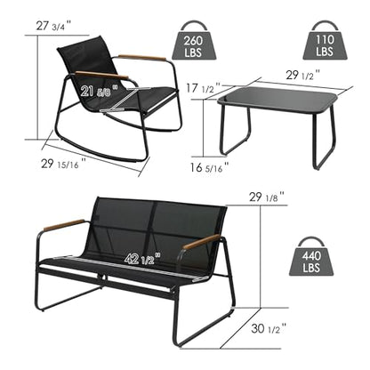 Kozyard 4-Piece Outdoor Patio Furniture Set with Textilene Chairs, Metal Conversation Set, Tempered Glass Coffee Table, Powder-Coated Steel Frame for Garden, Poolside, Backyard Black