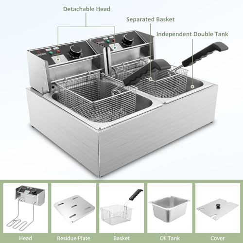 Commercial Deep Fryer, 3400W Electric Deep Fryers with 2x6.35QT Baskets Thickened Stainless Steel Countertop Oil Fryer 20.7QT Large Capacity with Lids Temperature Controller (12L)