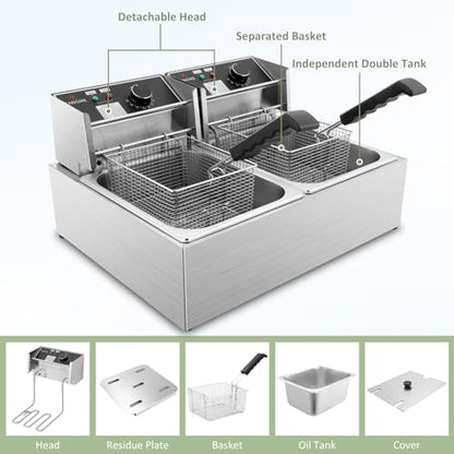 Commercial Deep Fryer, 3400W Electric Deep Fryers with 2x6.35QT Baskets Thickened Stainless Steel Countertop Oil Fryer 20.7QT Large Capacity with Lids Temperature Controller (12L)