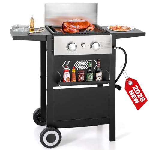 GREEN PARTY 2 Burner Griddle Grill Combo, 2 in 1 Propane Gas BBQ Grill w/Cast Iron Plate, 20,000 BTU Output Small Flat Top Propane Barbecue Grill for Camping, Patio, Backyard, Balcony