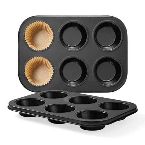 HULBy Muffin Pan 2-Pack, 6-Cup Cupcake Pans and Muffin Tins with Nonstick Coating, 10.43"x7.28"x1.1" with 2.56" Cups, for Muffins, Cupcakes, Brownies, Cheesecake, Carbon Steel, Easy Clean, Oven Safe