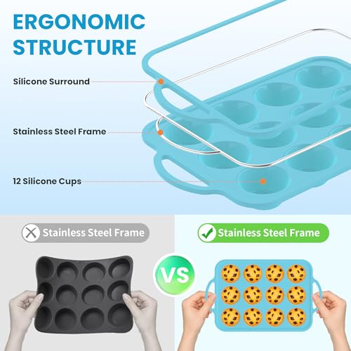 RCMo 2Pack Silicone Muffin Pan for Baking with Metal Reinforced Frame, 12 Cup Regular Size Cupcake Pan, BPA Free Silicone Muffin Tray, Cupcake Baking Pan Molds for Oven Dishwasher Safe - Blue