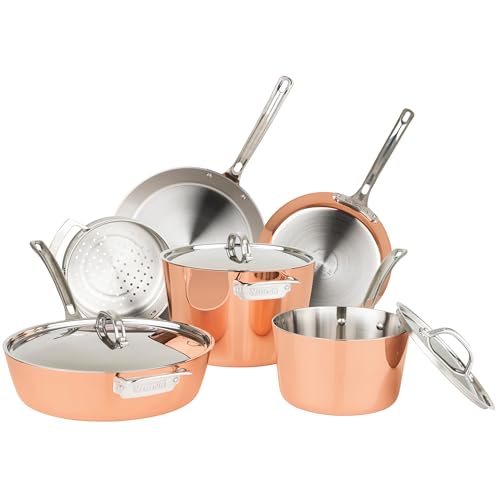 Viking Contemporary 4-Ply Pots and Pan Set, 9 Piece Copper Kitchen Cookware with Metal Lids