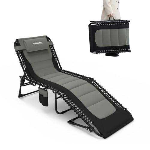 WKFAMOUT Outdoor Folding Lounge Chair Padded for Adults 264Ibs Patio Chaise Lounge Chair for Outside 5-Position Adjustable Reclining Beach Chair with Pillow Pocket
