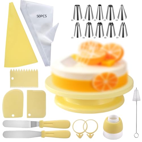 Yellow baking tools set, Yellow gold Cake Turntable kit with 10 Large Piping Tips, 50 Piping Bags&2Ties, 2 Spatulas,3Icing Scrapers,spring sunshine baking kit pastel colors for Cake Decorating