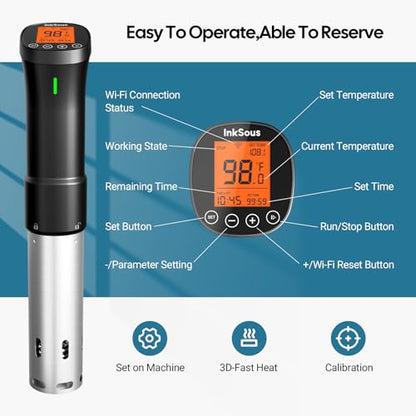 WiFi 2.4G Sous Vide Cooker, 1000W Sous Vide Machine Ultra-Quiet & 3D Fast Heating, App Control, Timer, Precise Calibration & Restaurant Chef-Level Recipes