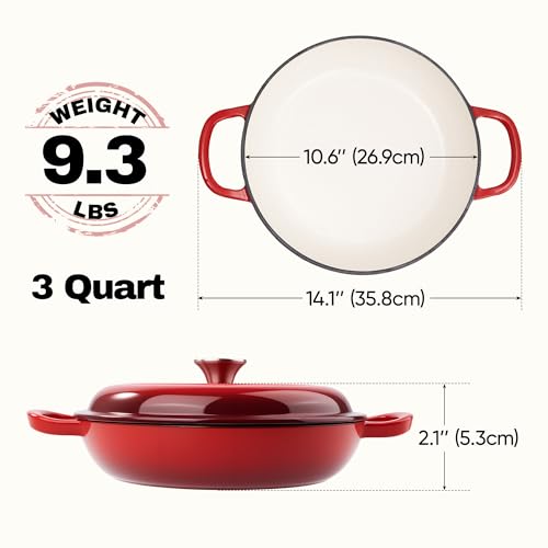 3 Quart Enameled Cast Iron Braiser, Non Stick Enameled Cast Iron Skillet with Lid, Dutch Oven Skillet with lid up to 500°F for Oven, Stove, Grill, Shallow Dutch Oven for Cook, Bake (Red)
