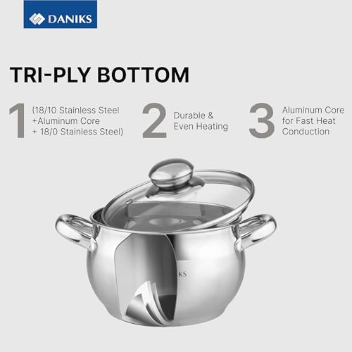 Daniks Classic 11-Piece Stainless Steel Cookware Set with Glass Lids, Includes Saucepan and Frying Pan with Lid, Tri-Ply Bases for Even Heating, Induction Compatible, Dishwasher Safe