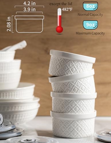 MISSYSSIM 9 oz Ramekins with Lids, Creme Brulee Ramekins Oven Safe, Small Ceramic Serving Bowls, White Custard Cups for Baking, Dipping Sauce Cups, Pinch Bowls Ideal for Birthday Party, Set of 4