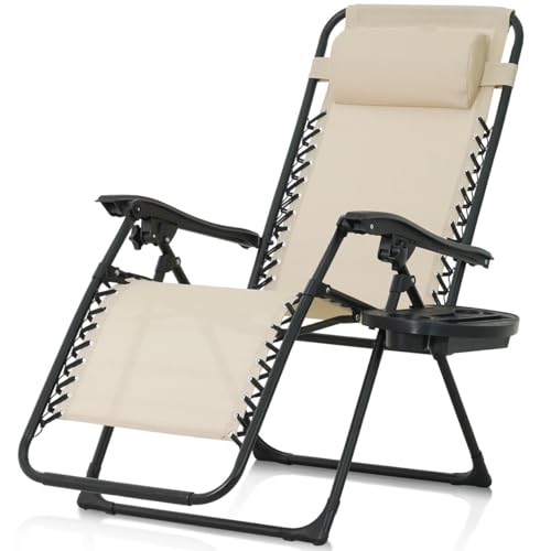 CAPHAUS Beige Zero Gravity Reclining Lounge Outdoor Chair, Zero Gravity Recliner, Anti-Gravity Chair for Indoor & Outdoor, Folding Reclining Chair w/Side Tray, Beige