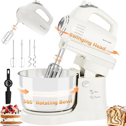 Vikaluz 3.2QT 2-in-1 Stand Mixer, Electric Kitchen Mixer with Auto-Rotating Bowl & Tilt-Head, 5-Speed 250W Turbo Baking Machine for Beginners with Beater & Dough Hook for Cookie, Bread, Cake (White)